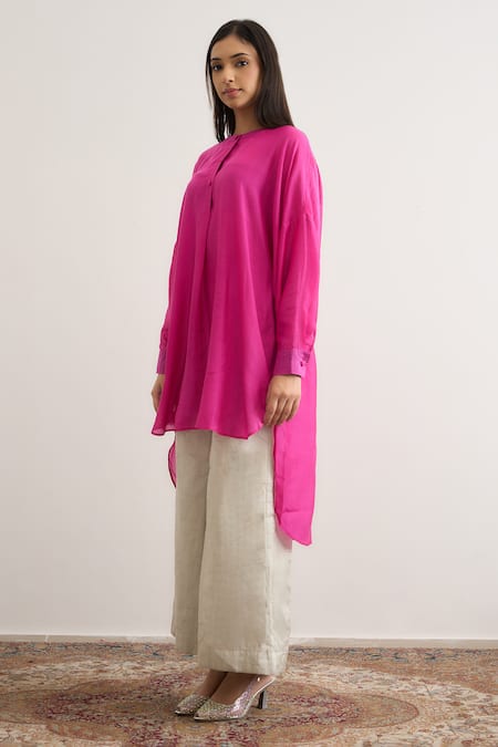 Buy_RAAS LIFE_Fuchsia Cotton, Silk, Tissue Mandarin Collar Salvia High Low Top Pant Set _Online_at_Aza_Fashions