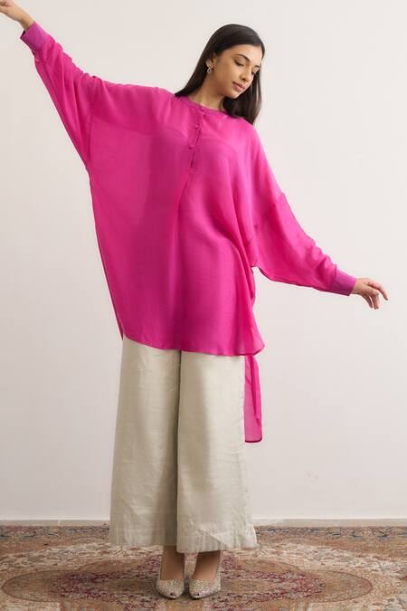 Shop_RAAS LIFE_Fuchsia Cotton, Silk, Tissue Mandarin Collar Salvia High Low Top Pant Set _Online_at_Aza_Fashions