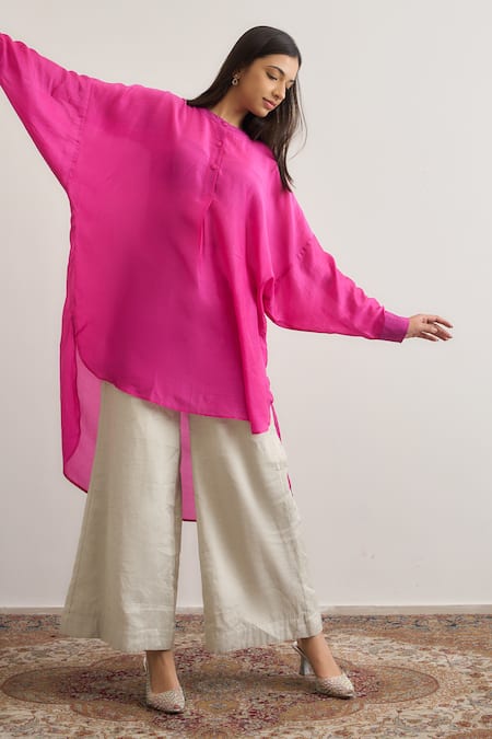 Buy_RAAS LIFE_Fuchsia Cotton, Silk, Tissue Mandarin Collar Salvia High Low Top Pant Set 