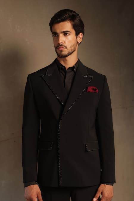 Buy Tisa - Men Black Viscose, Polyester, Rayon, Silk Double Breasted Pick-stitch Blazer Set Online at Aza Fashions Buy_Tisa - Men_Black Viscose, Polyester, Rayon, Silk Double Breasted Pick-stitch Blazer Set _Online_at_Aza_Fashions