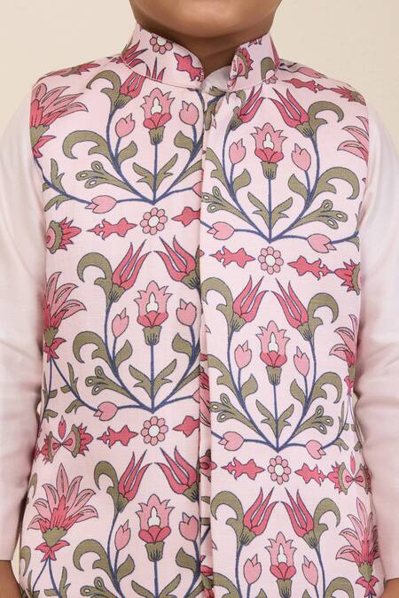 Neha Gursahani_Pink Satin, Silk Printed Modi Bundi Kurta Set For Boys _Online_at_Aza_Fashions