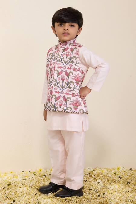 Buy_Neha Gursahani_Pink Satin, Silk Printed Modi Bundi Kurta Set For Boys _Online_at_Aza_Fashions