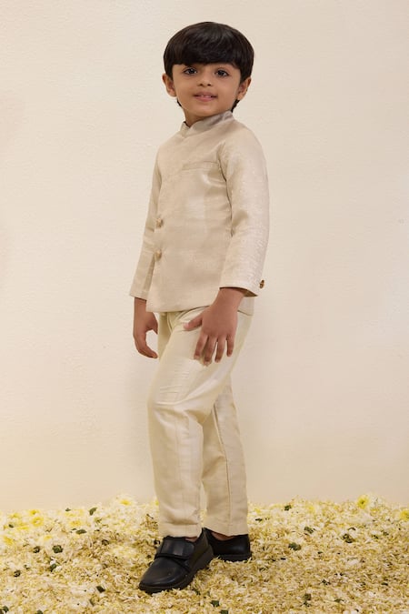 Shop_Neha Gursahani_Gold Shimmer Sherwani And Pant Set For Boys _Online_at_Aza_Fashions