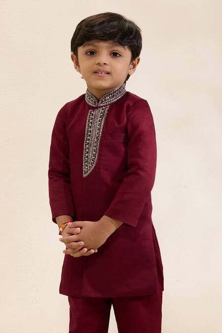 Neha Gursahani_Maroon Satin, Linen Embroidery Placket Sherwani And Narrow Pant Set _Online_at_Aza_Fashions