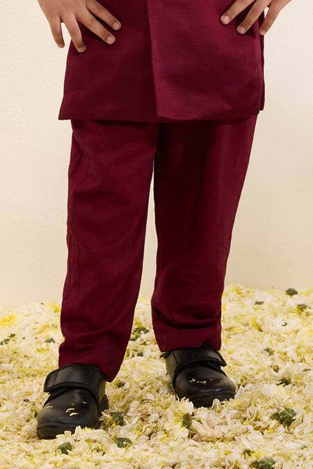 Buy_Neha Gursahani_Maroon Satin, Linen Embroidery Placket Sherwani And Narrow Pant Set _Online_at_Aza_Fashions