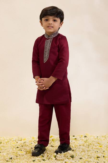 Shop_Neha Gursahani_Maroon Satin, Linen Embroidery Placket Sherwani And Narrow Pant Set _Online_at_Aza_Fashions