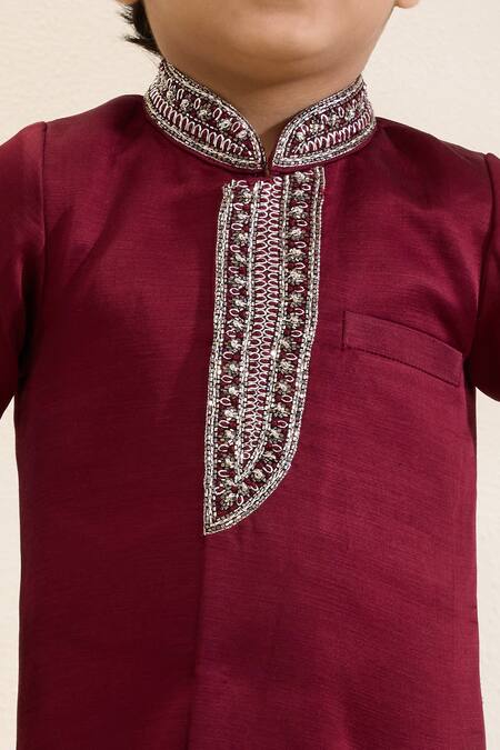 Neha Gursahani_Maroon Satin, Linen Embroidery Placket Sherwani And Narrow Pant Set _at_Aza_Fashions
