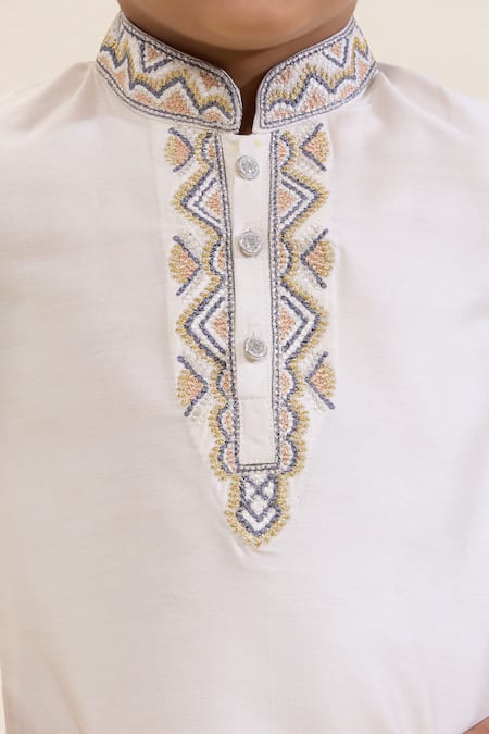 Shop_Neha Gursahani_Ivory Silk Embroidery Collar And Placket Kurta Set _Online_at_Aza_Fashions