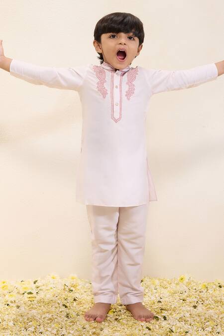 Neha Gursahani_Pink Embroidery Spun Silk Kurta And Pant Set _Online_at_Aza_Fashions