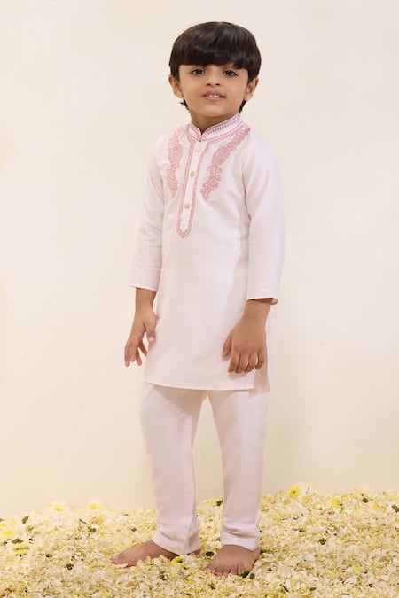 Buy_Neha Gursahani_Pink Embroidery Spun Silk Kurta And Pant Set _Online_at_Aza_Fashions