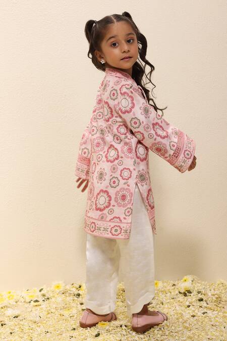 Buy_Neha Gursahani_Pink Satin, Linen Embroidery Floral Printed Kurta Set With Jaali _Online_at_Aza_Fashions