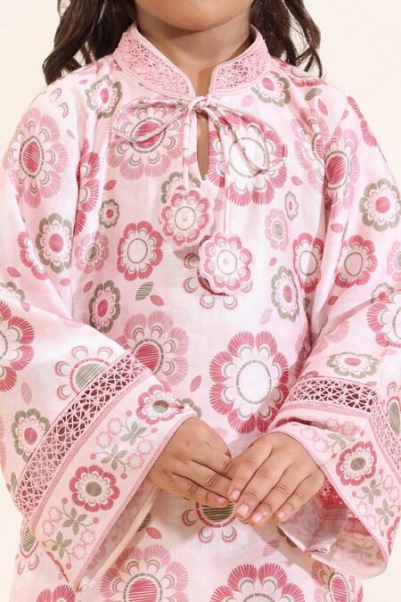 Shop_Neha Gursahani_Pink Satin, Linen Embroidery Floral Printed Kurta Set With Jaali _Online_at_Aza_Fashions