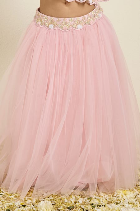 Neha Gursahani_Pink Tulle, Satin Embroidery, Pearls Cape And Poofy Lehenga Set _Online_at_Aza_Fashions