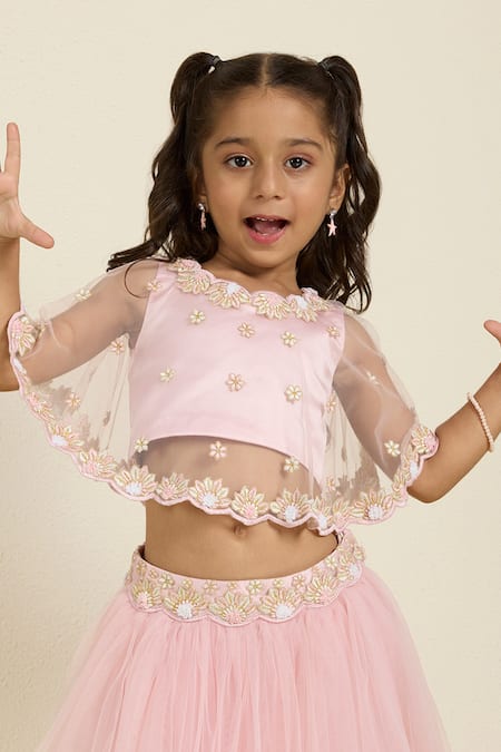 Buy_Neha Gursahani_Pink Tulle, Satin Embroidery, Pearls Cape And Poofy Lehenga Set _Online_at_Aza_Fashions
