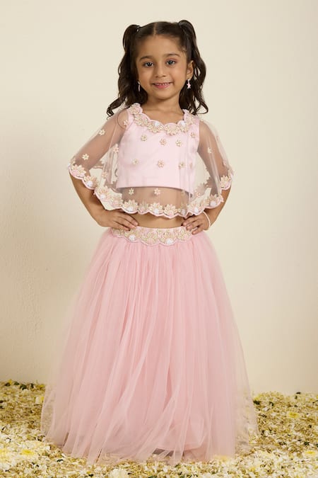 Shop_Neha Gursahani_Pink Tulle, Satin Embroidery, Pearls Cape And Poofy Lehenga Set _Online_at_Aza_Fashions