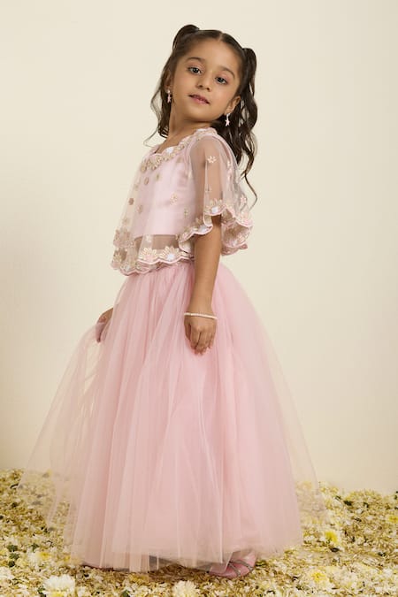 Buy_Neha Gursahani_Pink Tulle, Satin Embroidery, Pearls Cape And Poofy Lehenga Set 