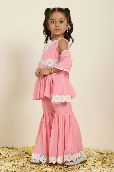 Buy_Neha Gursahani_Pink Organza Mirrors, Embroidery Work Peplum Kurta, Sharara And Dupatta Set _Online_at_Aza_Fashions