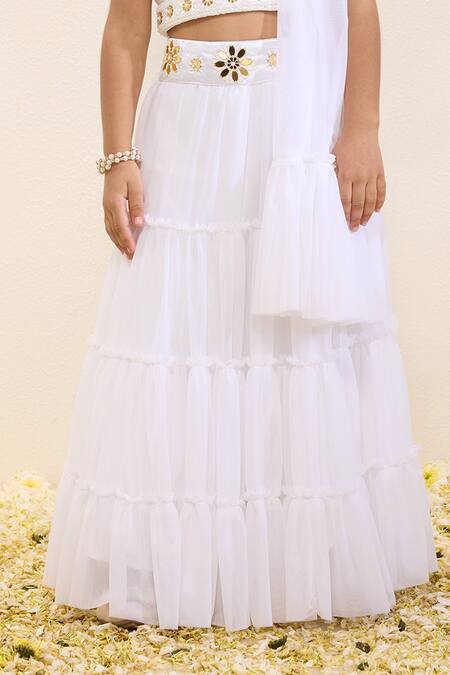 Neha Gursahani_Ivory Tulle Embroidery, Ruffles Choli Lehenga With Dupatta _Online_at_Aza_Fashions