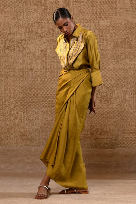 Eeda Metallic Patchwork Silk Shirt & Wrap Skirt 