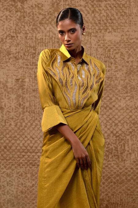 Eeda_Mustard Embroidery, Patchwork Collared Metallic Silk Shirt And Wrap Skirt _at_Aza_Fashions
