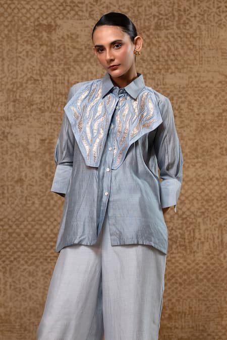 Shop Eeda Sky Blue Chanderi Silk Patchwork Collared Metallic Shirt And Pant Set Online at Aza Fashions Shop_Eeda_Sky Blue Chanderi Silk Patchwork Collared Metallic Shirt And Pant Set _Online_at_Aza_Fashions