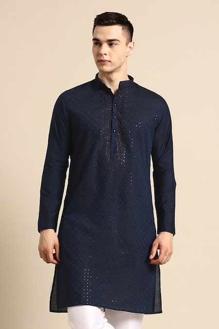 Shop_Sayisha_Navy Cotton Sequins, Embroidery Blue Checked Kurta _Online_at_Aza_Fashions