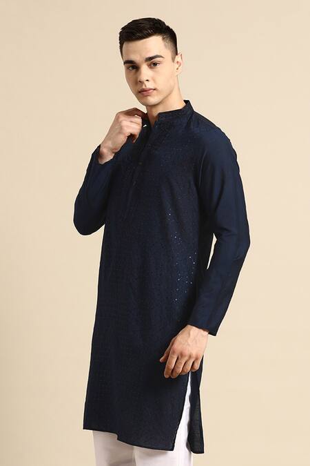 Sayisha_Navy Cotton Sequins, Embroidery Blue Checked Kurta _at_Aza_Fashions