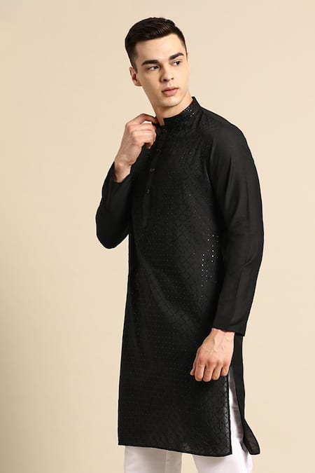 Buy_Sayisha_Black Cotton Sequins, Embroidery Checked Kurta _Online_at_Aza_Fashions