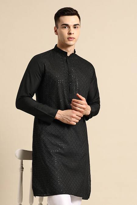 Shop_Sayisha_Black Cotton Sequins, Embroidery Checked Kurta _Online_at_Aza_Fashions