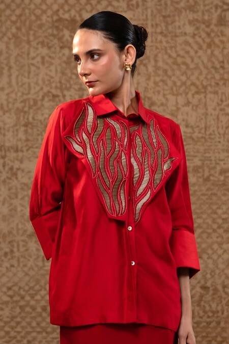 Eeda_Red Patchwork, Metallic Thread, Embroidery Collared Silk Shirt And Skirt Set _at_Aza_Fashions