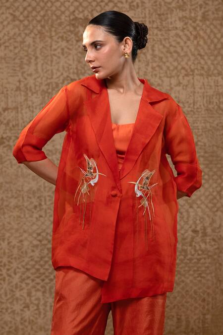 Buy_Eeda_Orange Organza, Shantoon, Zardozi And Chain Embellished Jacket Set 