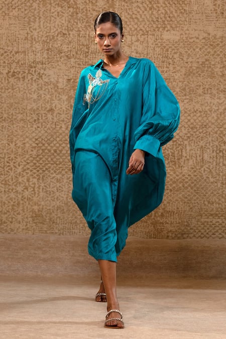 Eeda_Blue Silk Sequins, Embroidery Collared Sculpted Sleeve Dress _at_Aza_Fashions