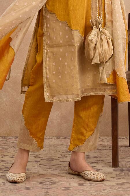 Shop_Nero India_Yellow Silk Embroidery, Zari Split V-neck Dori Yoke Kurta And Narrow Pant Set _Online_at_Aza_Fashions