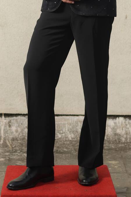 Tisa - Men_Black Suede, Viscose, Polyester Embroidery Motif Tuxedo And Pant Set _Online_at_Aza_Fashions