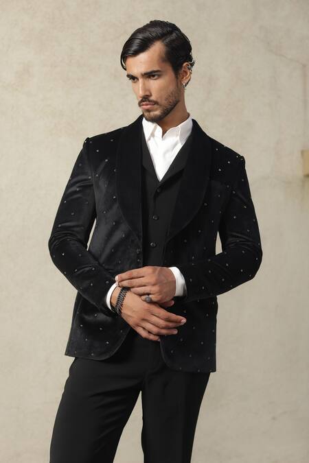Tisa - Men_Black Suede, Viscose, Polyester, Rayon Embroidery Tuxedo Set _at_Aza_Fashions