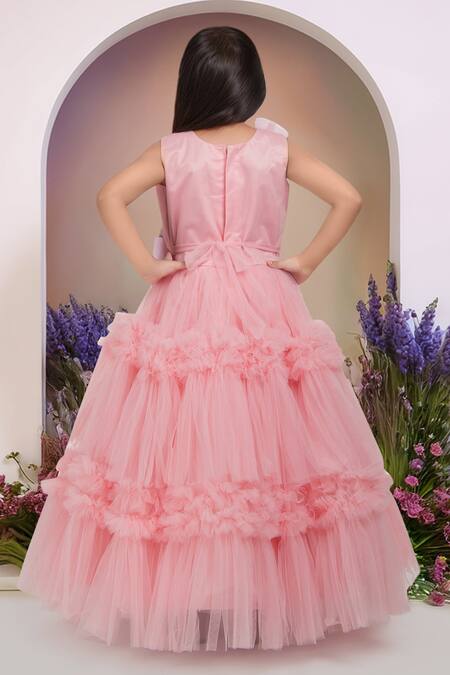 Shop Petite Pomme Pink Net Fabric Flowers Broach Designer Gown at Aza Fashions Shop_Petite Pomme_Pink Net Fabric Flowers Broach Designer Gown_at_Aza_Fashions