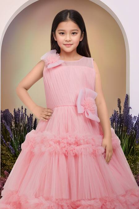 Shop Petite Pomme Pink Net Fabric Flowers Broach Designer Gown Online at Aza Fashions Shop_Petite Pomme_Pink Net Fabric Flowers Broach Designer Gown_Online_at_Aza_Fashions