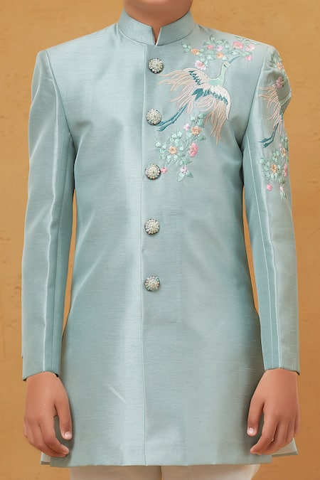 Petite Pomme_Green Silk, Cotton Embroidery Sea Sherwani Set _Online_at_Aza_Fashions