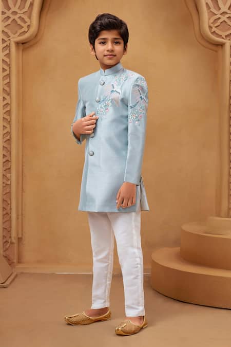 Shop_Petite Pomme_Green Silk, Cotton Embroidery Sea Sherwani Set _Online_at_Aza_Fashions