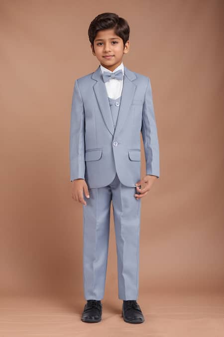 Petite Pomme Gray Polyester, Cotton Satin Solid Grey Suit Set For Boys