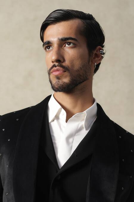 Shop_Tisa - Men_Black Suede, Viscose, Polyester Embroidery Tuxedo Set _Online_at_Aza_Fashions