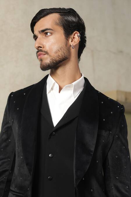 Tisa - Men_Black Suede, Viscose, Polyester Embroidery Tuxedo Set _at_Aza_Fashions