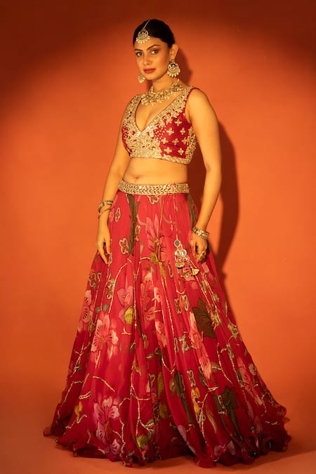 Buy_Tanu Malhotra_Red Organza, Silk Gota Patti, Mirrors, Sequins, Zari, Floral Printed Lehenga Set _Online_at_Aza_Fashions