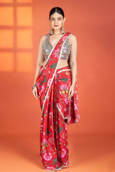 Tanu Malhotra Floral Print Pre-Draped Saree & Mirror Work Blouse Set 