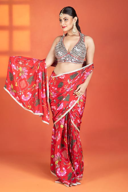 Tanu Malhotra_Red Crepe, Net Mirrors V-neck Floral Print Pre-draped Saree And Work Blouse Set _Online_at_Aza_Fashions