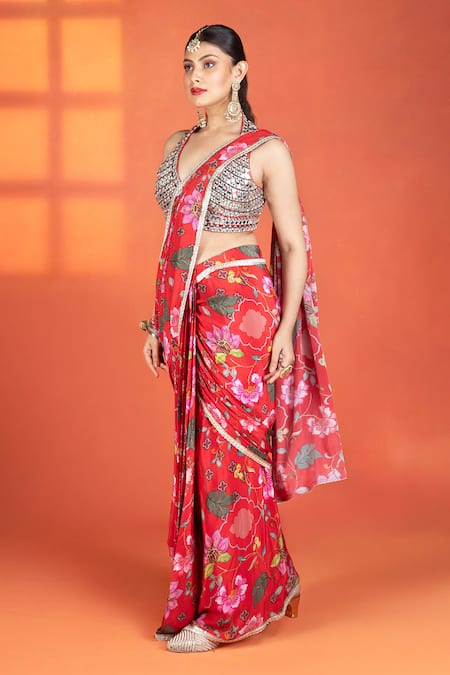 Buy_Tanu Malhotra_Red Crepe, Net Mirrors V-neck Floral Print Pre-draped Saree And Work Blouse Set _Online_at_Aza_Fashions
