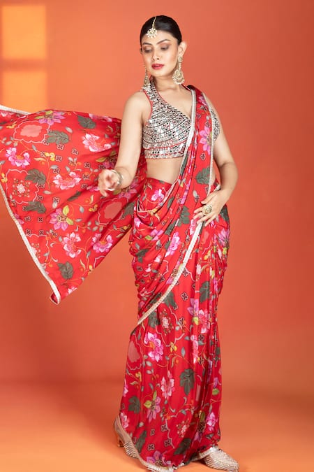 Shop_Tanu Malhotra_Red Crepe, Net Mirrors V-neck Floral Print Pre-draped Saree And Work Blouse Set _Online_at_Aza_Fashions