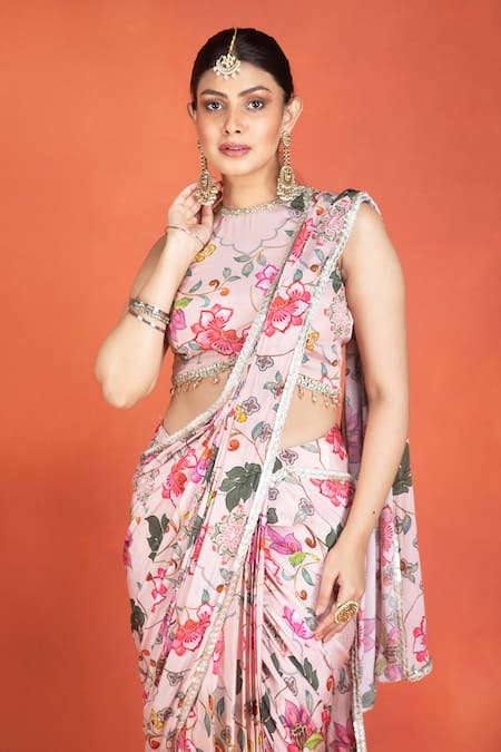 Shop_Tanu Malhotra_Pink Crepe Sequins, Embroidery, Floral Printed Pre-draped Saree And Blouse Set _Online_at_Aza_Fashions