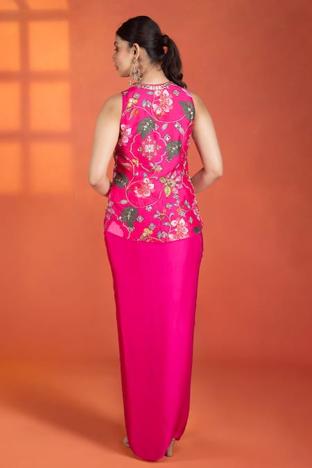 Tanu Malhotra Floral Embroidered Jacket Drape Skirt Set 