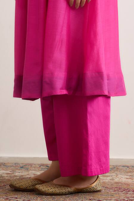RAAS LIFE_Fuchsia Cotton, Vegan Silk Lace Round Neck Tulip Pleated Kurta Set _at_Aza_Fashions